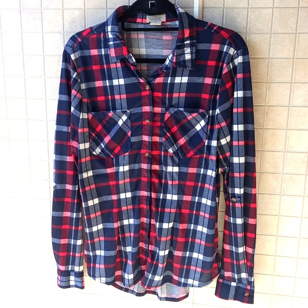 Passport Navy and red plaid shirt